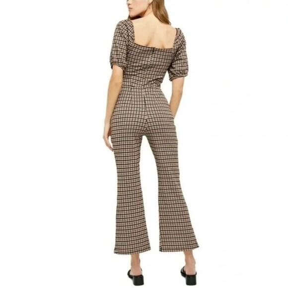 Free People Oxford fall plaid jumpsuit. Orange, black, puff sleeve NWT - Picture 3 of 12